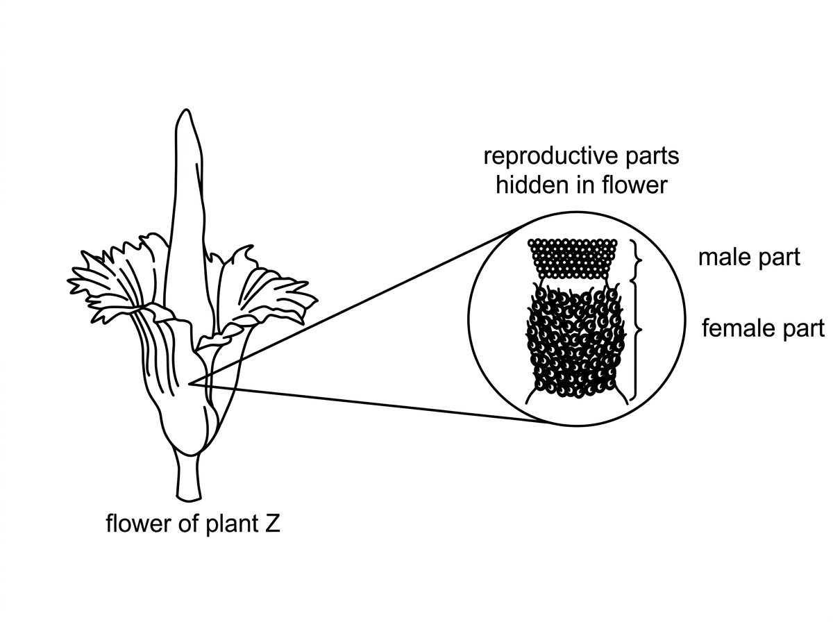 Diagram of the flower of plant Z with a magnified view showing the reproductive parts hidden inside the flower, labelled male part and female part.