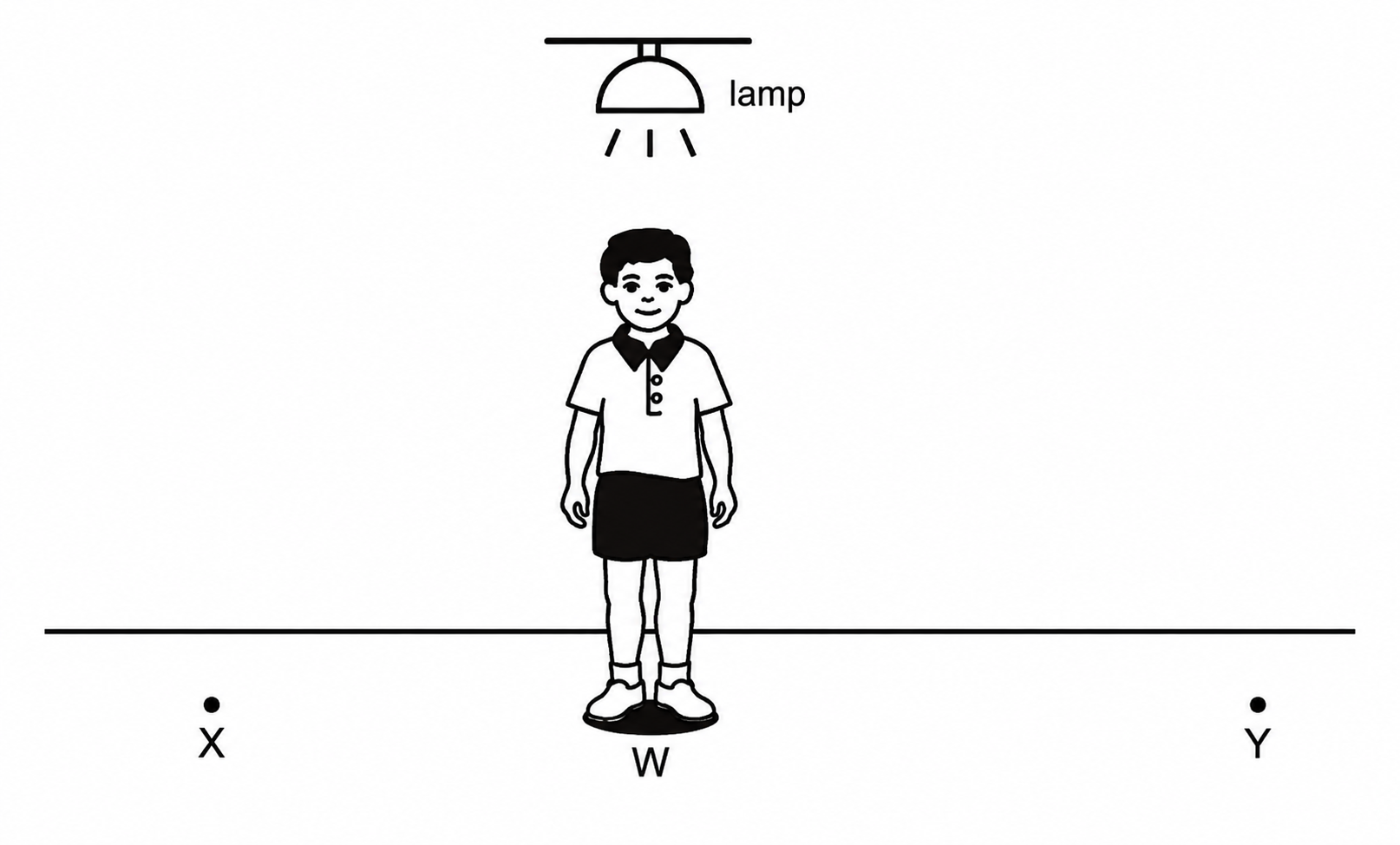 Diagram showing a boy standing under a lamp at position W on a straight line, with positions X and Y marked on either side.